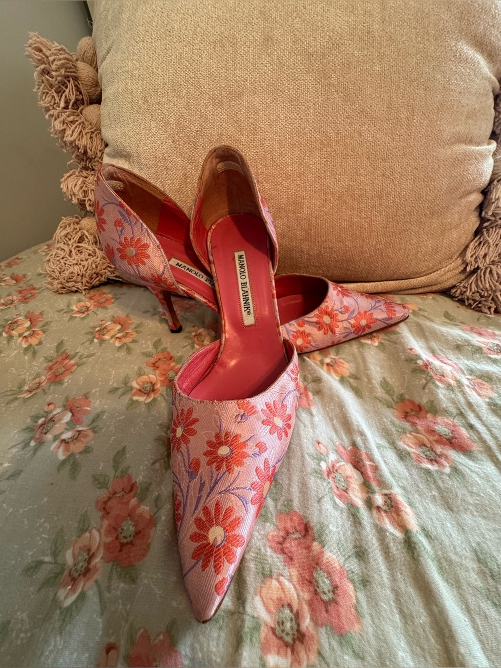 Manolo Blahnik Pink Floral Pointed-Toe D'Orsay Pumps